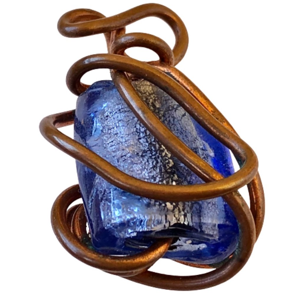 Artisan Handcratfed Copper Wrapped Blue Glass Dichroic Pendant Industrial Chic